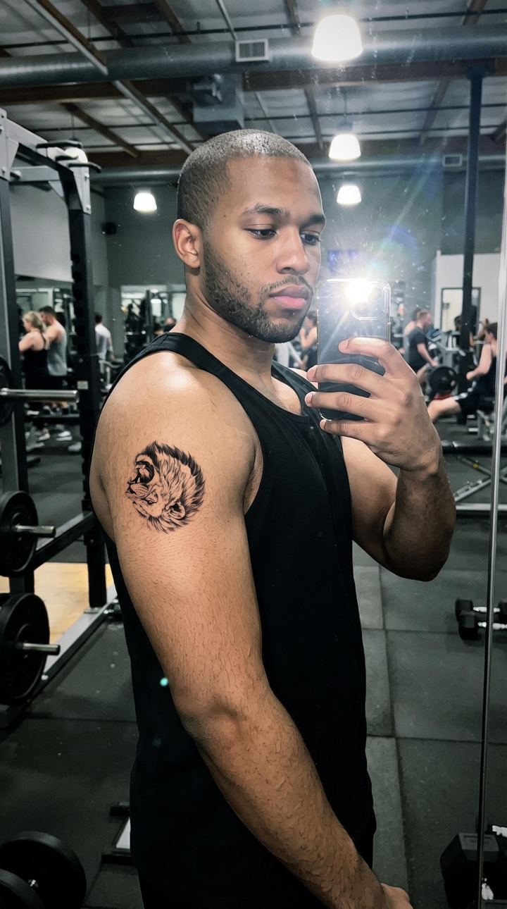 Nachher: Löwe am Oberarm, Spiegel im Studio – KI-generiertes Beispiel – Person und Tattoo sind nicht echt.