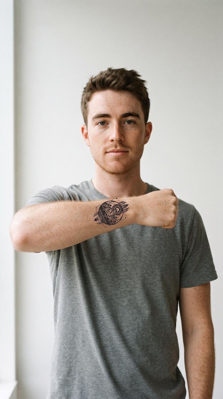 Nachher: Geometrische Berge am Unterarm vor heller Wand – KI-generiertes Beispiel – Person und Tattoo sind nicht echt.